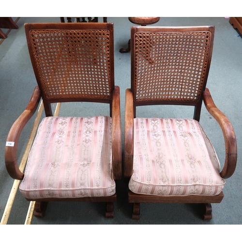 118 - A pair of early 20th century mahogany framed bergere armchairs with rocking bases, 86cm high x 56cm ... 