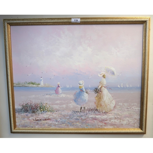 119 - A framed oil on board of ladies at the beach