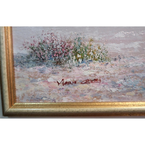 119 - A framed oil on board of ladies at the beach