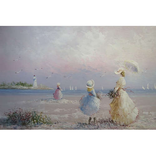 119 - A framed oil on board of ladies at the beach