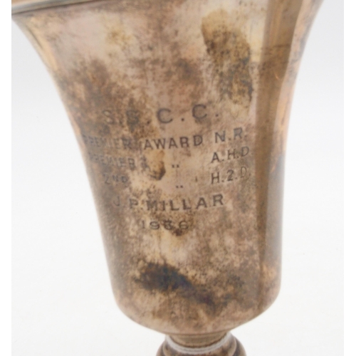 401 - A silver goblet, on a footed circular base, with a knopped capstan stem, with presentational inscrip... 