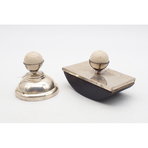 407 - A George VI silver golf-themed inkwell and desk blotter, the tops inset with Dunlop golf balls, by S... 