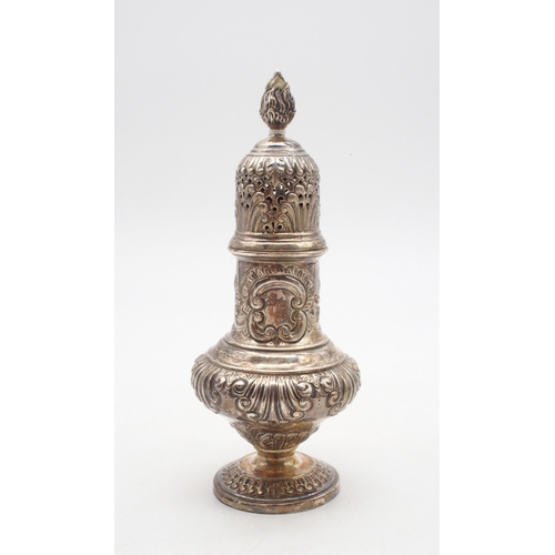 412 - A late Victorian silver sugar caster, of baluster form, the bodies with embossed shellwork decoratio... 