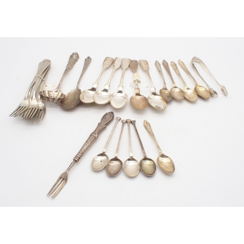 413 - A collection of silver cutlery including a set of five Victorian provincial silver fiddle pattern te... 