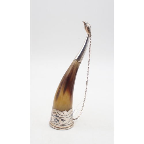 439 - A Russian silver niello drinking horn, with an attached carrying chain, marks rubbed, 21cm