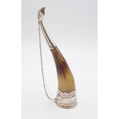 439 - A Russian silver niello drinking horn, with an attached carrying chain, marks rubbed, 21cm