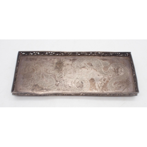 441 - A Chinese export silver tray, of rectangular form, with pierced bamboo borders, the body engraved wi... 