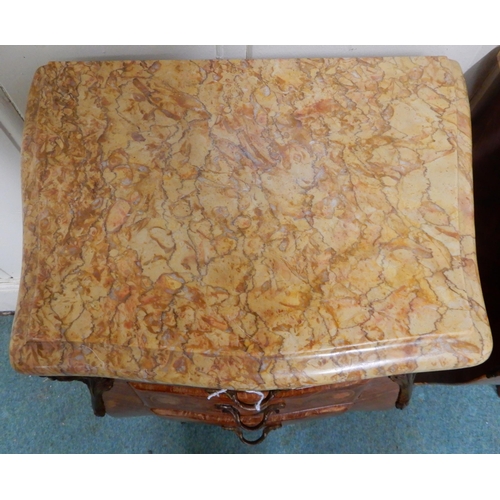 6 - A pair of 20th century French marble topped bombe bedside tables with shaped marble tops over kingwo... 