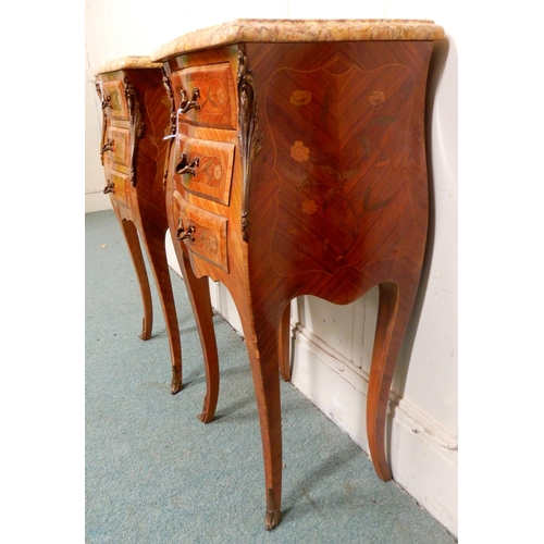 6 - A pair of 20th century French marble topped bombe bedside tables with shaped marble tops over kingwo... 