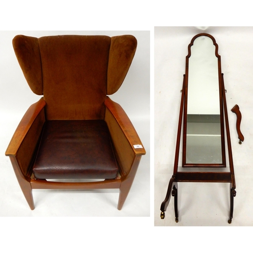 68 - A mid 20th century stained teak framed armchair and a 20th century mahogany cheval mirror (def) (2)