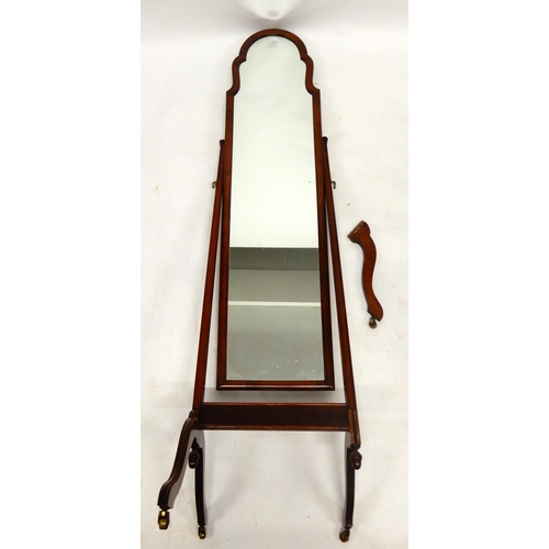 68 - A mid 20th century stained teak framed armchair and a 20th century mahogany cheval mirror (def) (2)