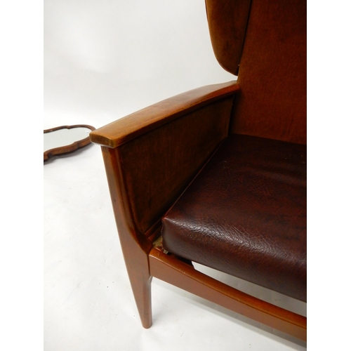 68 - A mid 20th century stained teak framed armchair and a 20th century mahogany cheval mirror (def) (2)