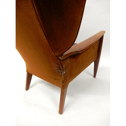 68 - A mid 20th century stained teak framed armchair and a 20th century mahogany cheval mirror (def) (2)