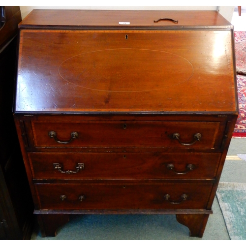 70 - An early 20th century mahogany bureau with fall front writing compartment over three drawers, 96cm h... 