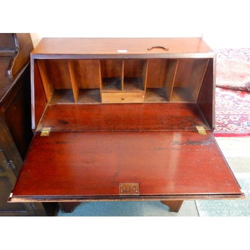 70 - An early 20th century mahogany bureau with fall front writing compartment over three drawers, 96cm h... 