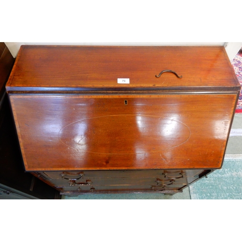 70 - An early 20th century mahogany bureau with fall front writing compartment over three drawers, 96cm h... 