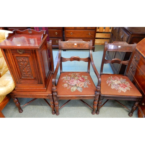 78 - A lot of three mahogany framed dining chairs with tapestry seats over turned cross stretchered suppo... 