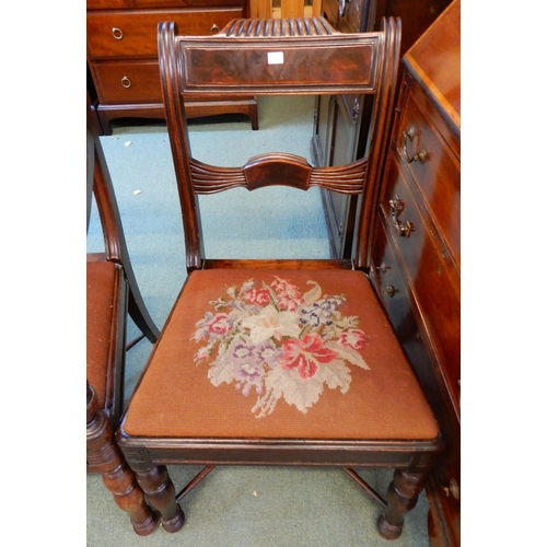 78 - A lot of three mahogany framed dining chairs with tapestry seats over turned cross stretchered suppo... 