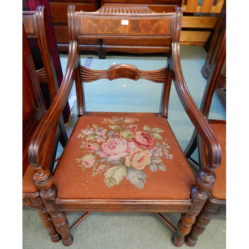 78 - A lot of three mahogany framed dining chairs with tapestry seats over turned cross stretchered suppo... 