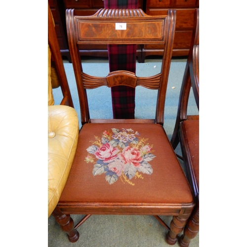 78 - A lot of three mahogany framed dining chairs with tapestry seats over turned cross stretchered suppo... 