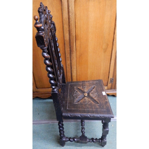 86 - A Victorian ebonised oak barley twist hall chair with carved splat and seat on stretchered barley tw... 