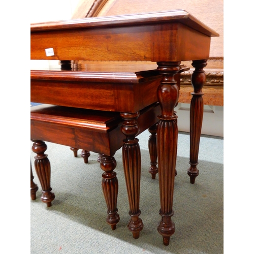 87 - A 20th century oak demi lune head board, 113cm high x 180cm wide and a mahogany nest of three tables... 