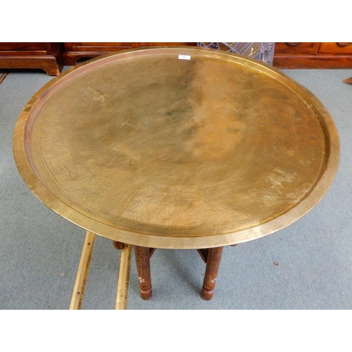 90 - A 20th century circular brass topped Moorish folding table with bone inlaid folding base, 58cm high ... 