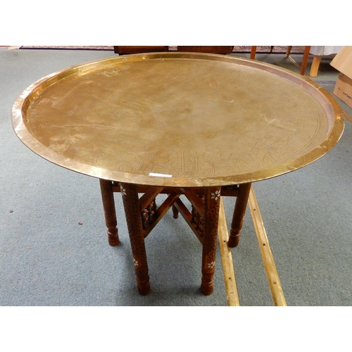 90 - A 20th century circular brass topped Moorish folding table with bone inlaid folding base, 58cm high ... 