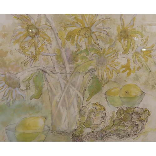 1018 - EILEEN SCOTT (SCOTTISH) STILL LIFE IN YELLOW WITH ARTICHOKES Mixed media, indistinctly signed lower ... 