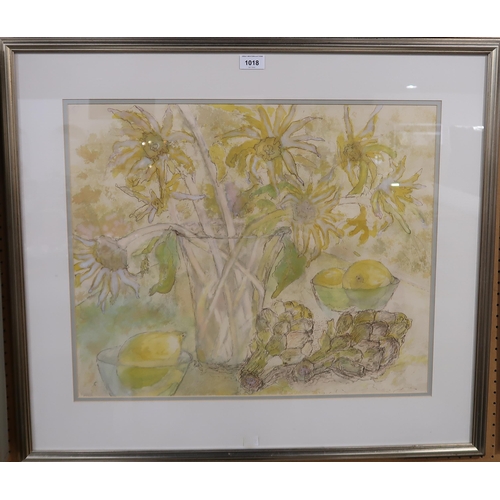 1018 - EILEEN SCOTT (SCOTTISH) STILL LIFE IN YELLOW WITH ARTICHOKES Mixed media, indistinctly signed lower ... 