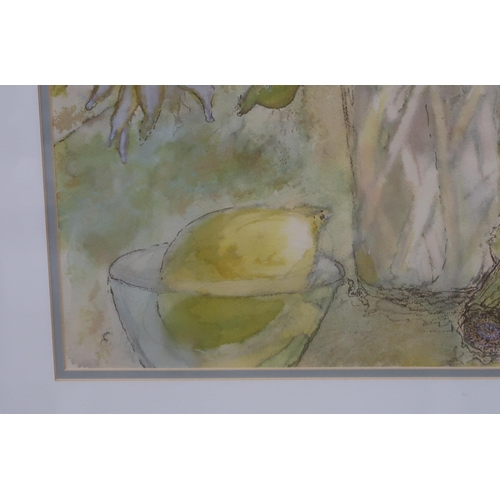 1018 - EILEEN SCOTT (SCOTTISH) STILL LIFE IN YELLOW WITH ARTICHOKES Mixed media, indistinctly signed lower ... 