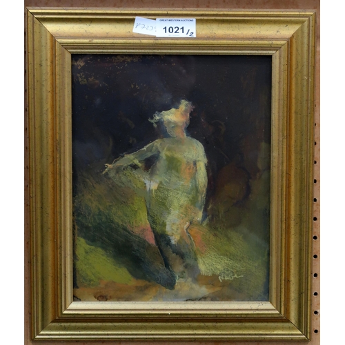 1021 - HAZEL NAGL (SCOTTISH b.1953)STANDING FEMALE Mixed media on board, signed lower right, 24 x 19cm... 