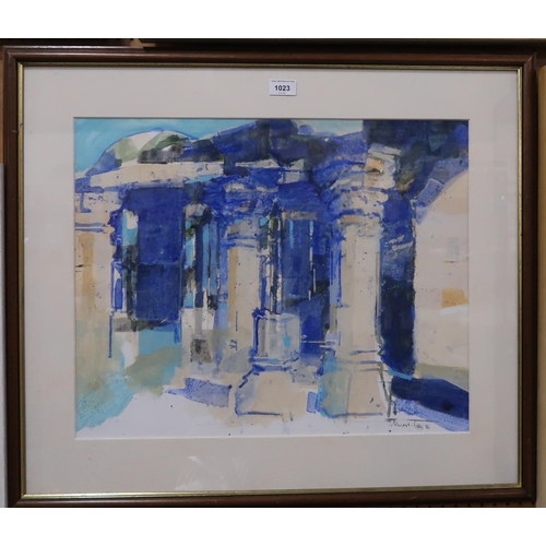 1023 - STEWART LEES (SCOTTISH 1926-2008) VENETIAN BUILDINGS IN BLUE Mixed media on paper, signed lower righ... 