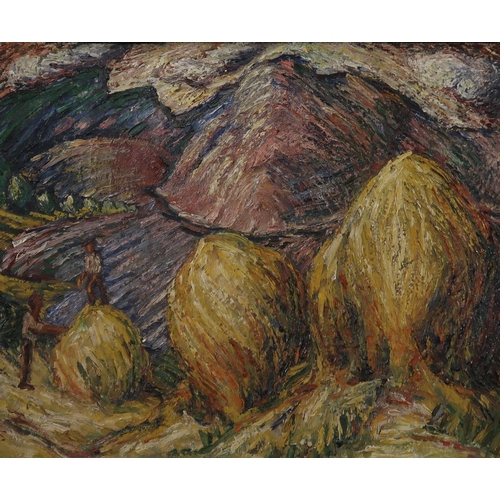 1033 - ATTRIBUTED TO MILLIE FROOD (SCOTTISH 1900-1988)HAY BALES Oil on board, 45 x 55cm Painted v... 