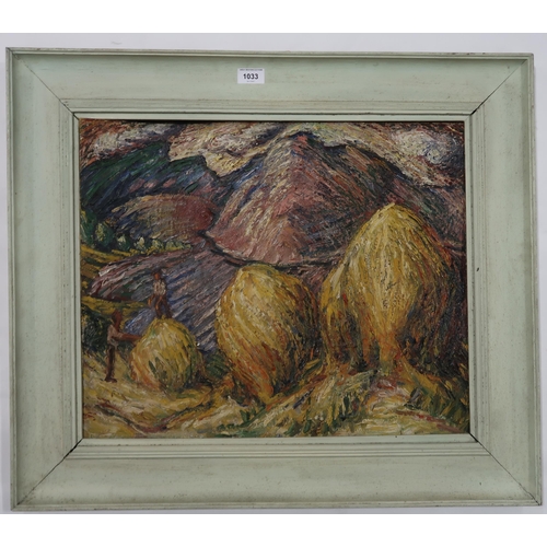 1033 - ATTRIBUTED TO MILLIE FROOD (SCOTTISH 1900-1988)HAY BALES Oil on board, 45 x 55cm Painted v... 