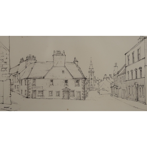 1038 - WILLIAM BIRNIE (SCOTTISH 1929-2006) KILBARCHAN VILLAGE Pen/ink, signed lower left, dated (... 