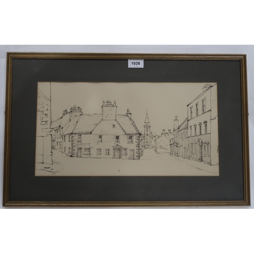 1038 - WILLIAM BIRNIE (SCOTTISH 1929-2006) KILBARCHAN VILLAGE Pen/ink, signed lower left, dated (... 