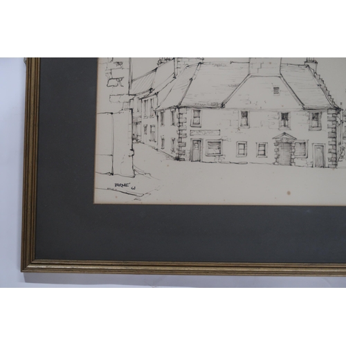 1038 - WILLIAM BIRNIE (SCOTTISH 1929-2006) KILBARCHAN VILLAGE Pen/ink, signed lower left, dated (... 