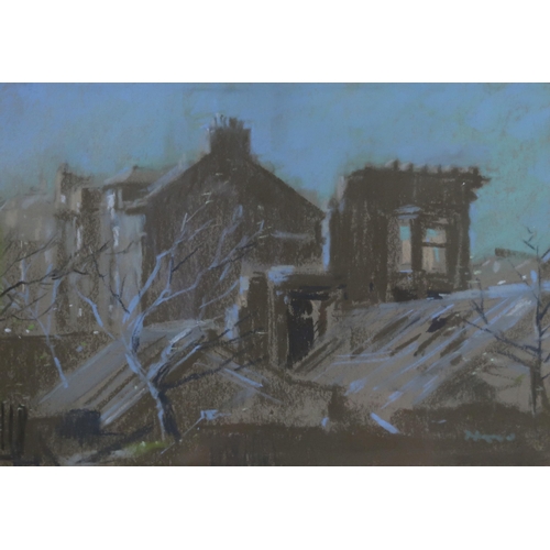 1039 - ERNEST BURNETT HOOD (SCOTTISH 1932-1988)ROOFTOPS AT DUSK Pastel, signed lower right, 17 x 24cm... 