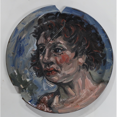 1045 - ATTRIBUTED TO PETER HOWSON (SCOTTISH b.1958)PORTRAIT Oil on ceramic plate, 26.5cm diameter... 