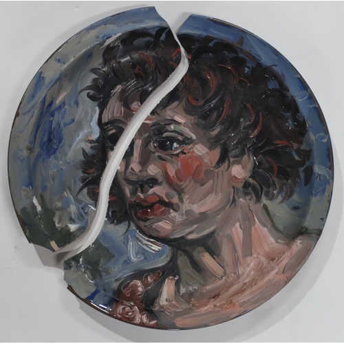 1045 - ATTRIBUTED TO PETER HOWSON (SCOTTISH b.1958)PORTRAIT Oil on ceramic plate, 26.5cm diameter... 