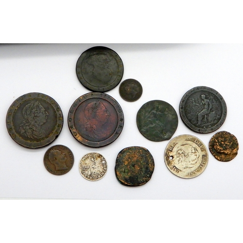 508 - COINS to include a William III silver groat 1697, George III 1797 cartwheel penny, Victorian pennies... 