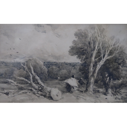 1003 - DAVID COX A fallen tree trunk, watercolour, 14 x 22cm