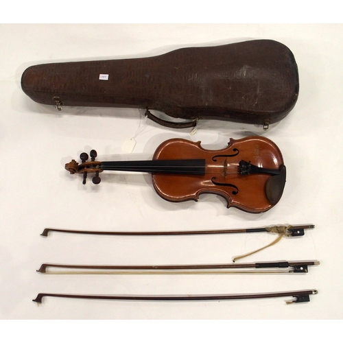 642 - A one piece back violin 35.5cm together with three bows and a case