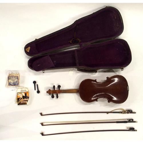 642 - A one piece back violin 35.5cm together with three bows and a case