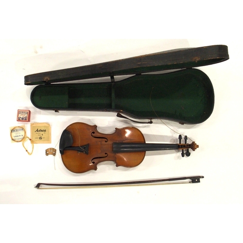 643 - A one piece back violin 35.5cm bearing label to the interior Konzert Violine together with  a b... 