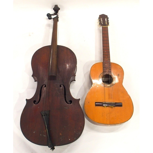 644 - A two piece back cello 74cm together with a Jules Esteve guitar made in Valencia