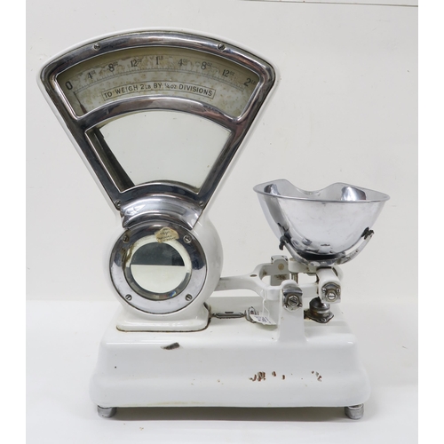 739B - A set of vintage mid century white enamelled possibly W&T AVERY sweetie shop counter scales with... 