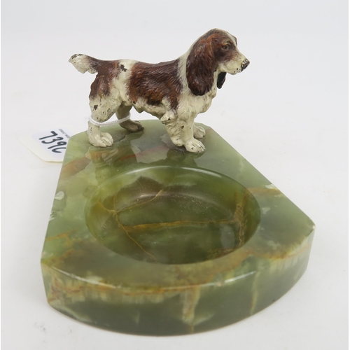 739C - An Art Deco Austrian cold painted bronze Springer Spaniel mounted on green onyx pin tray base, heigh... 