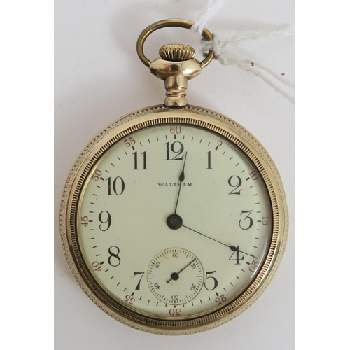 779C - A gold plated Waltham pocket watch. Open face with cream dial, black Arabic numerals, with the minut... 